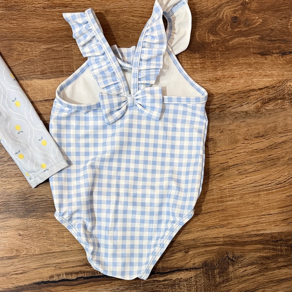 Set of 2 Carter's Baby Girls Bathing suits - blue gingham and blue lemon print - Picture 6 of 8